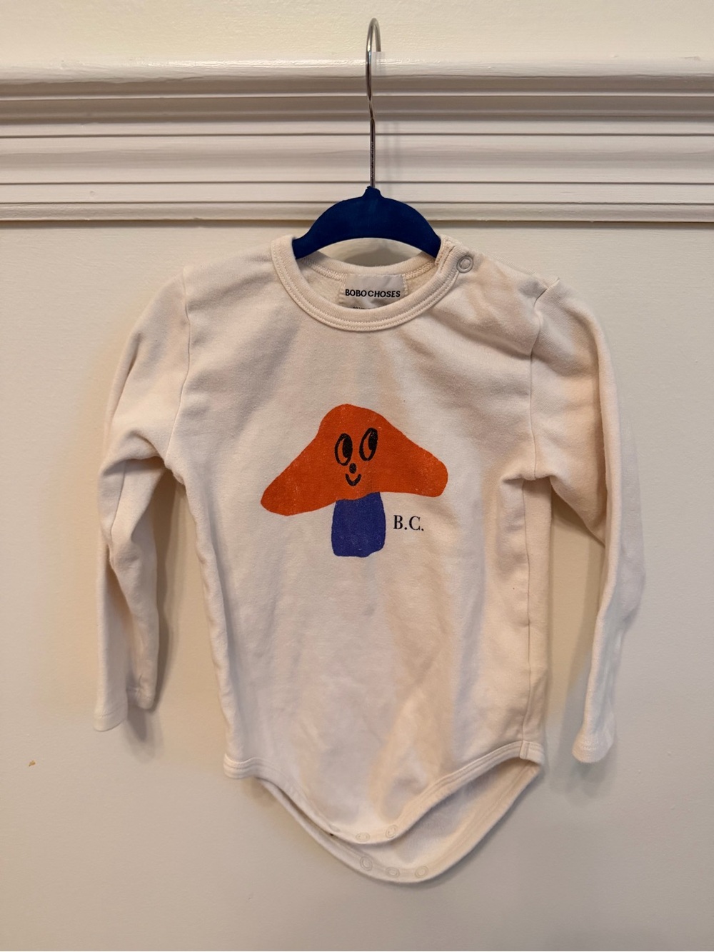 Bobo Choses Cream Long-Sleeve Bodysuit with Orange & Blue Mushroom Graphic